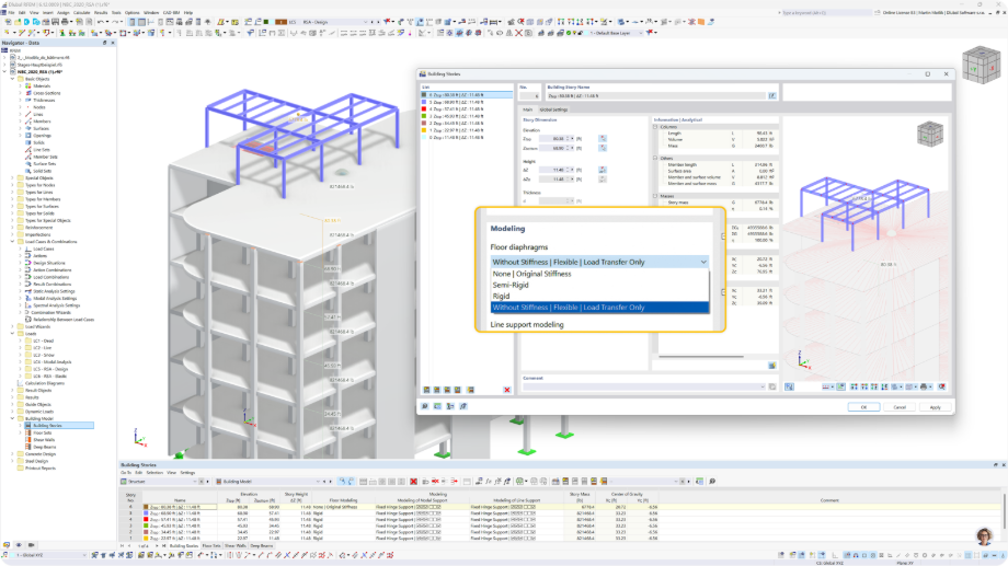 Illustration highlighting different types of floor diaphragms in a multistory building, showing rigid, semi-rigid, and flexible options.