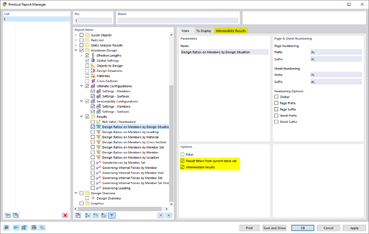 Options for Result Filter and Intermediate Results