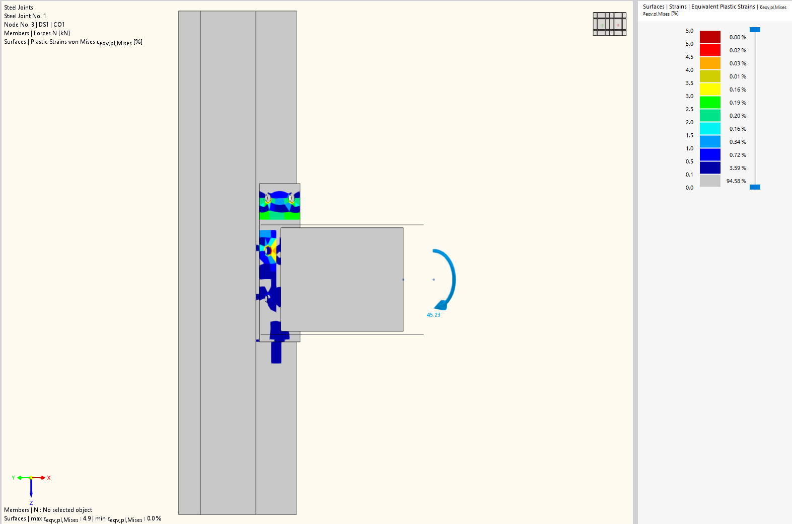 Visual representation of equivalent stresses and plastic strain distribution in an extended end plate connection of a steel structure.