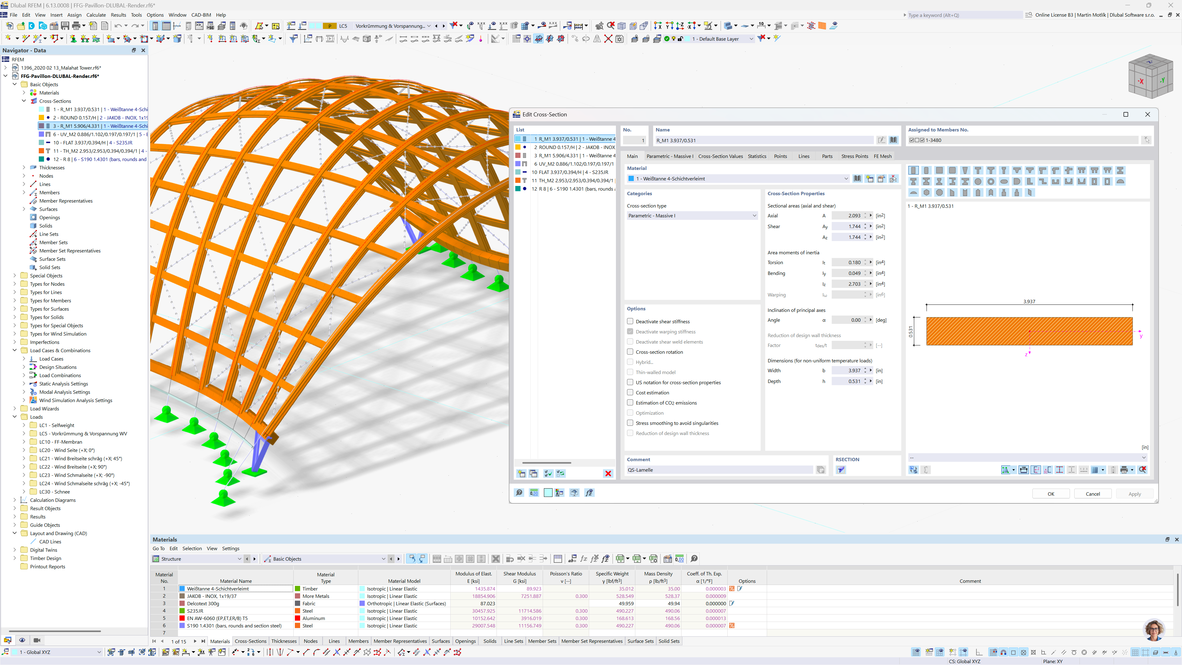 Illustration of wood and mass timber geometries designed using RFEM 6 for structural analysis.