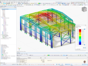 Steel-framed industrial warehouse for mechanical workshop showing deformation results due to wind load in RFEM 6.