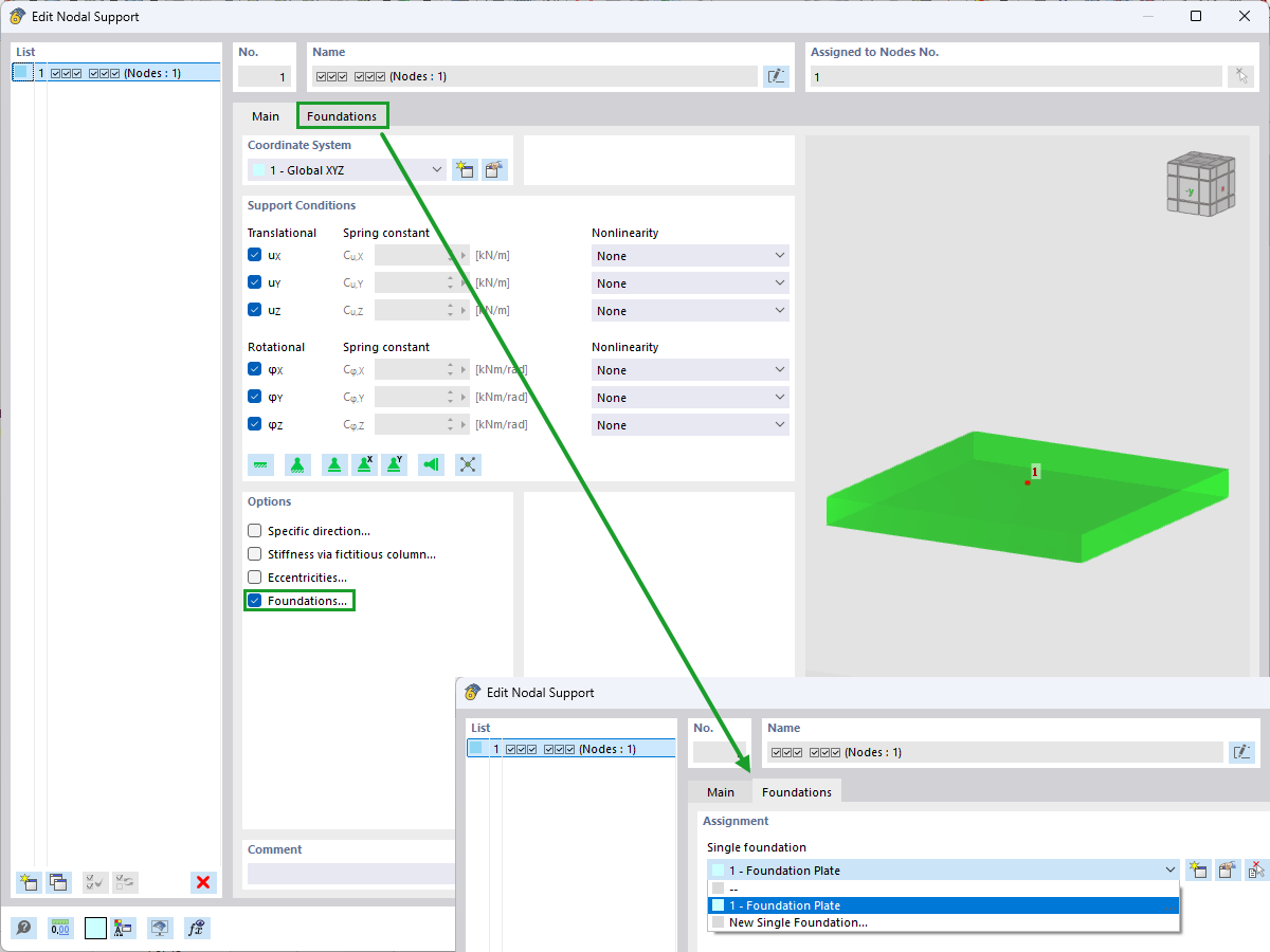 RFEM 6 nodal support dialog showing the Foundation Assignment tab.