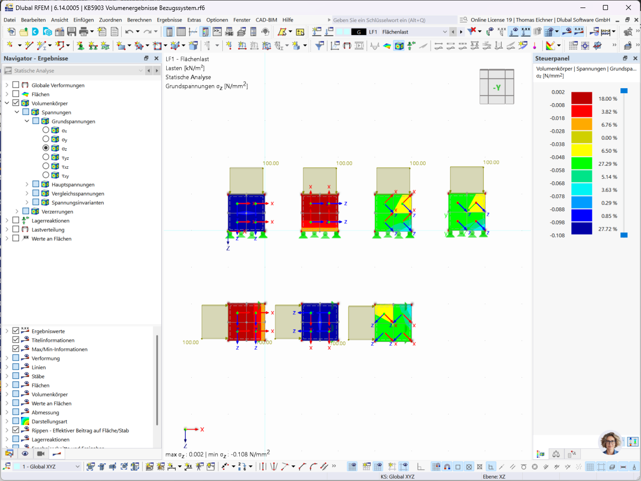 Several solids with different coordinate system orientations and z-direction basic stresses.