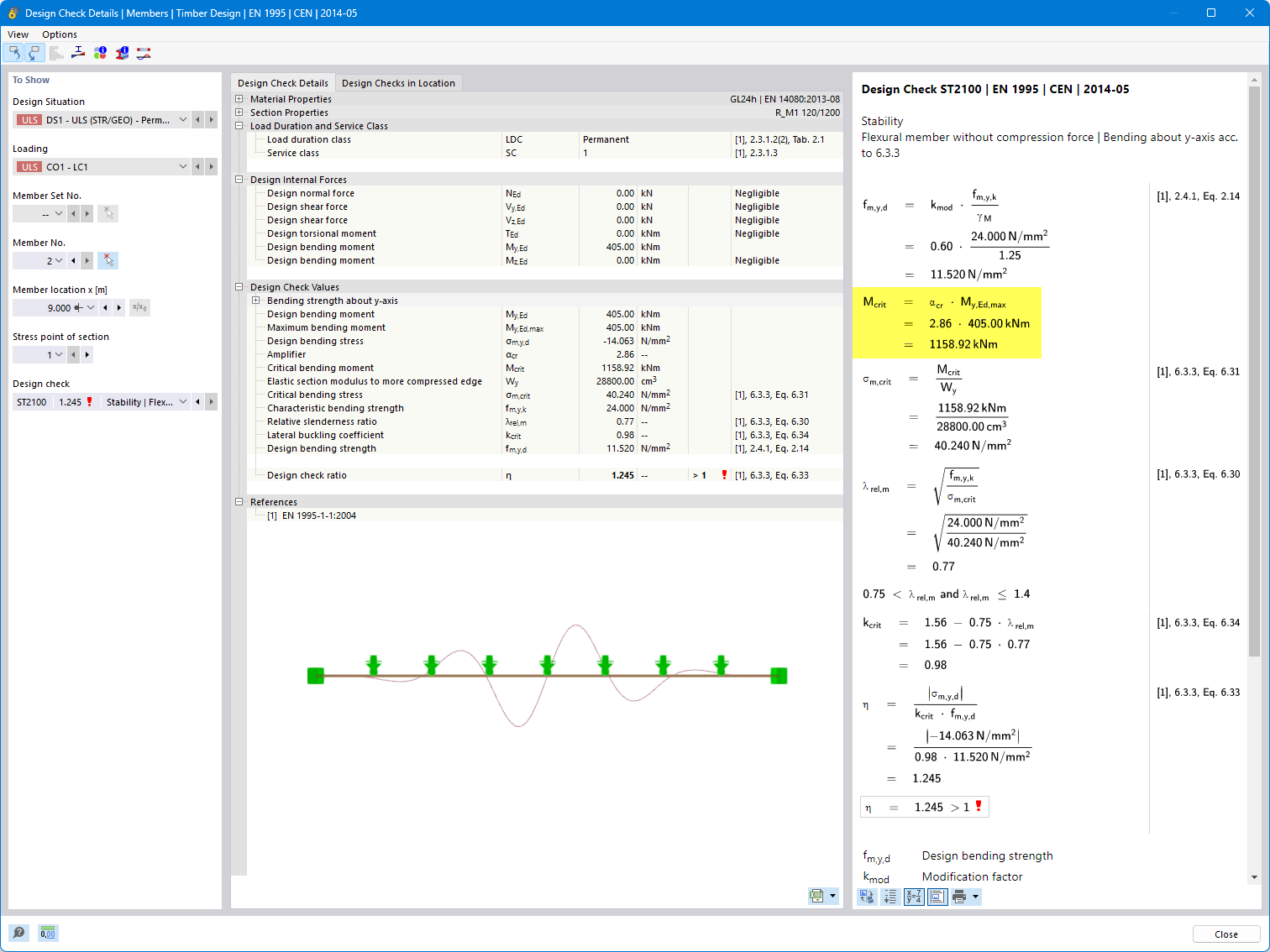 Design check detail with the output of the critical load factor and the critical bending moment