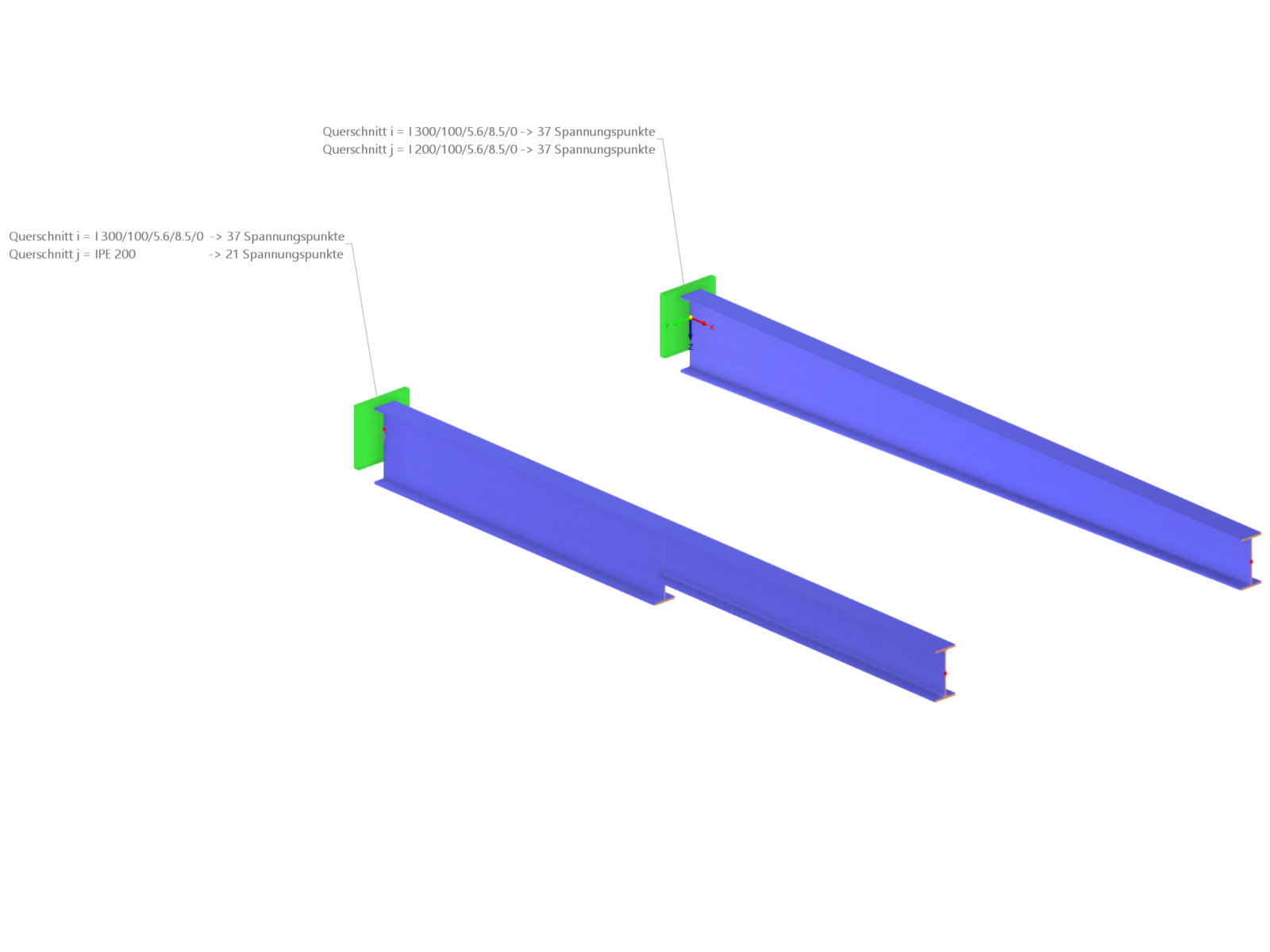 Comparison of tapered beams in RFEM 6, showing different cross-section distributions.