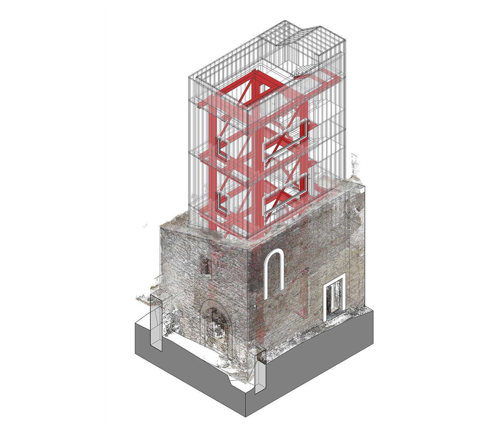 3D axonometry visualization of Rocchette Castle restoration project focusing on new tower integration.