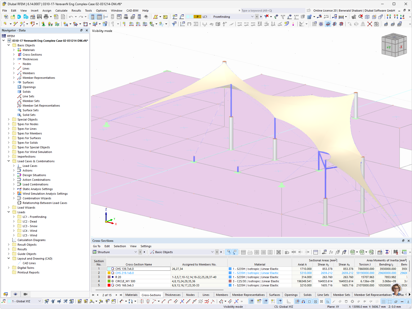 3D model illustrating the action of a load on a membrane roof in a structural analysis.