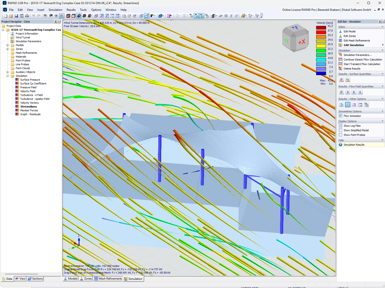 Computer simulation of wind flow around a structure with membrane surfaces. Models and displays to support structural analysis.