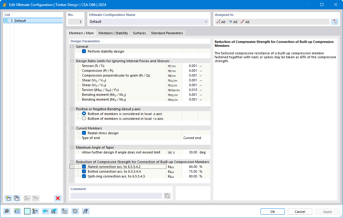 Dialog box "Edit Ultimate Configuration" for timber design according to CSA O86