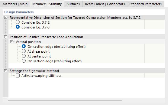 Tab "Members | Stability" for Steel Design According to NDS