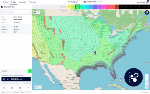 Map illustrating wind load zones for various regions across the USA, used in the Geo-Zone Tool for accurate wind load calculations.