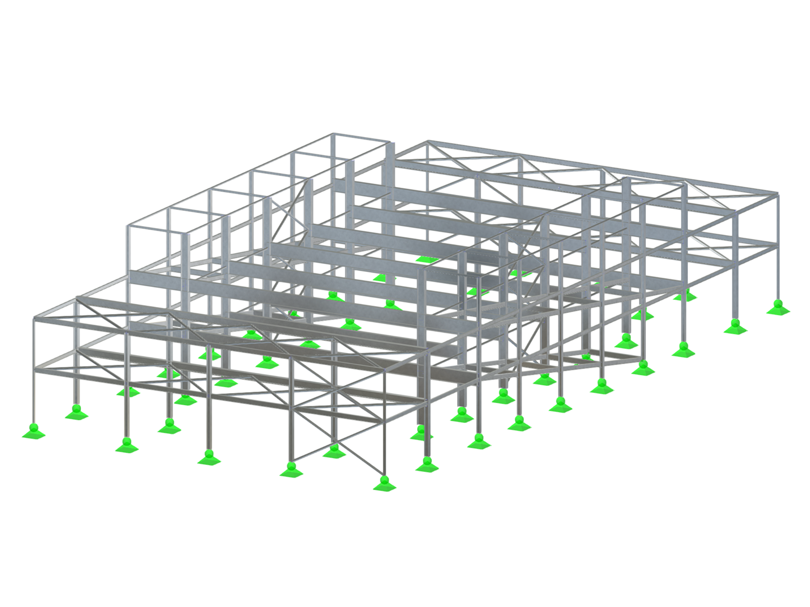 Steel structure of a two-story parking garage, 47.62 × 24.5 m, height 9.4 m, Čelákovice. Slope of 1.75%, HEA 500 frames.
