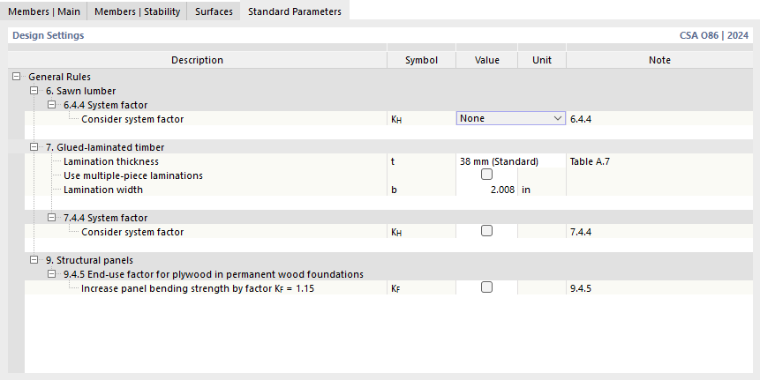 Tab 'Standard parameter' for Timber design according to CSA