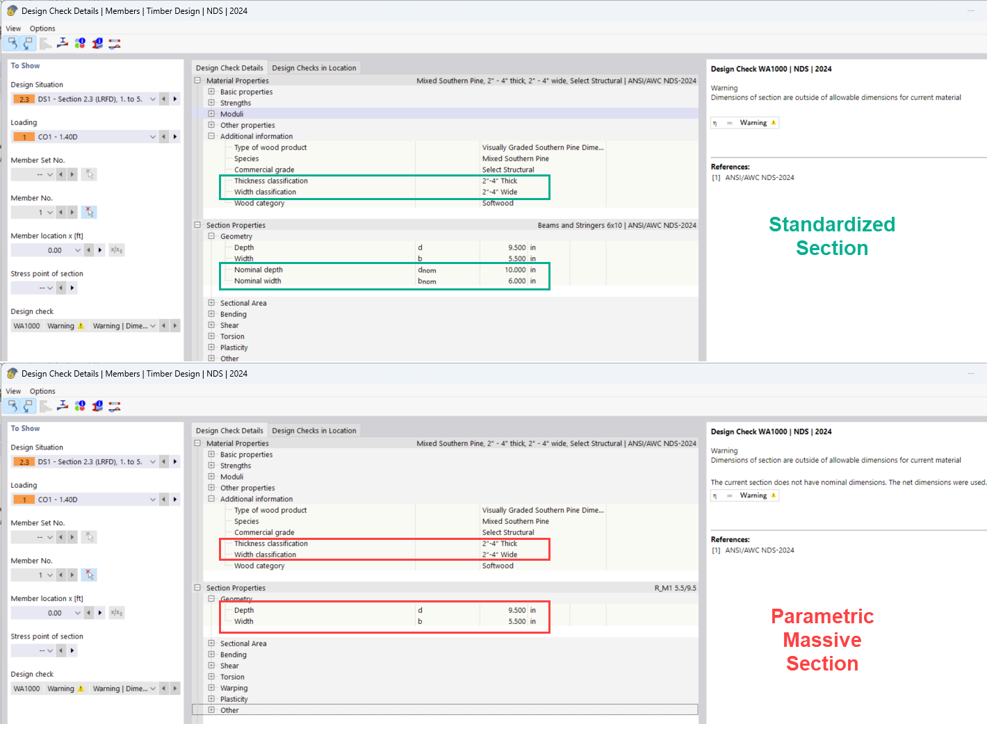 Warning | Dimensions of section are outside allowable dimensions for current material.
