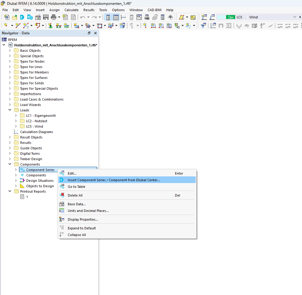 Opening the Dlubal Center to select a component series using the Data Navigator.