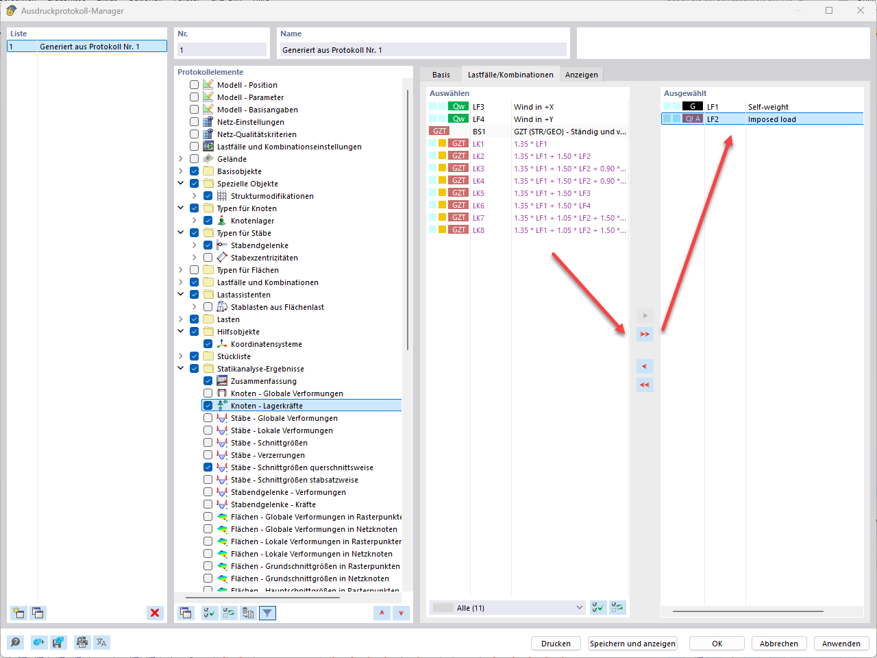 Display of the printout report manager showing selected nodal support forces and load case options.