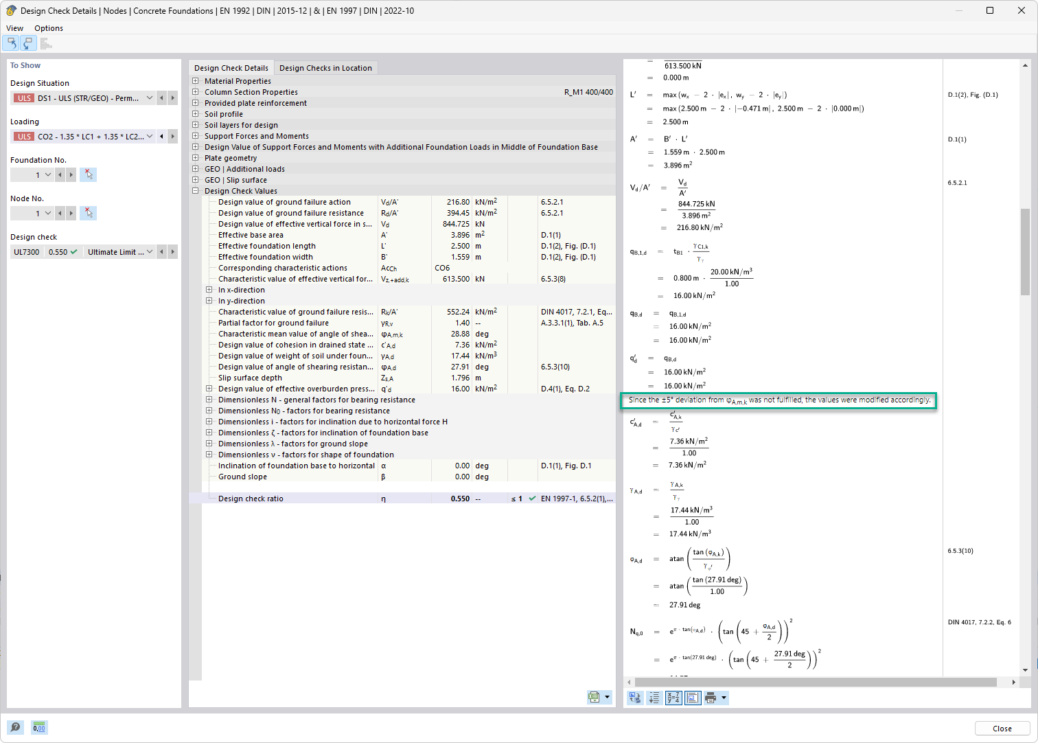Adjustment of the bearing resistance in RFEM 6 to take into account inhomogeneous soils through iterative reduction of the friction angle.