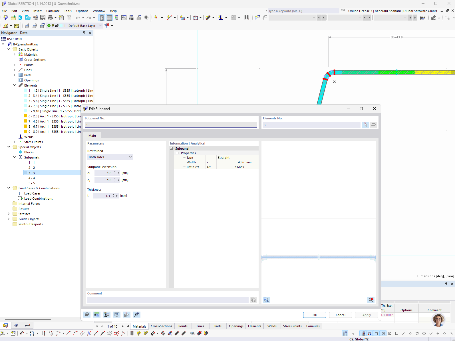 Editing single panels in RSECTION by manually defining and setting support conditions and panel dimensions.