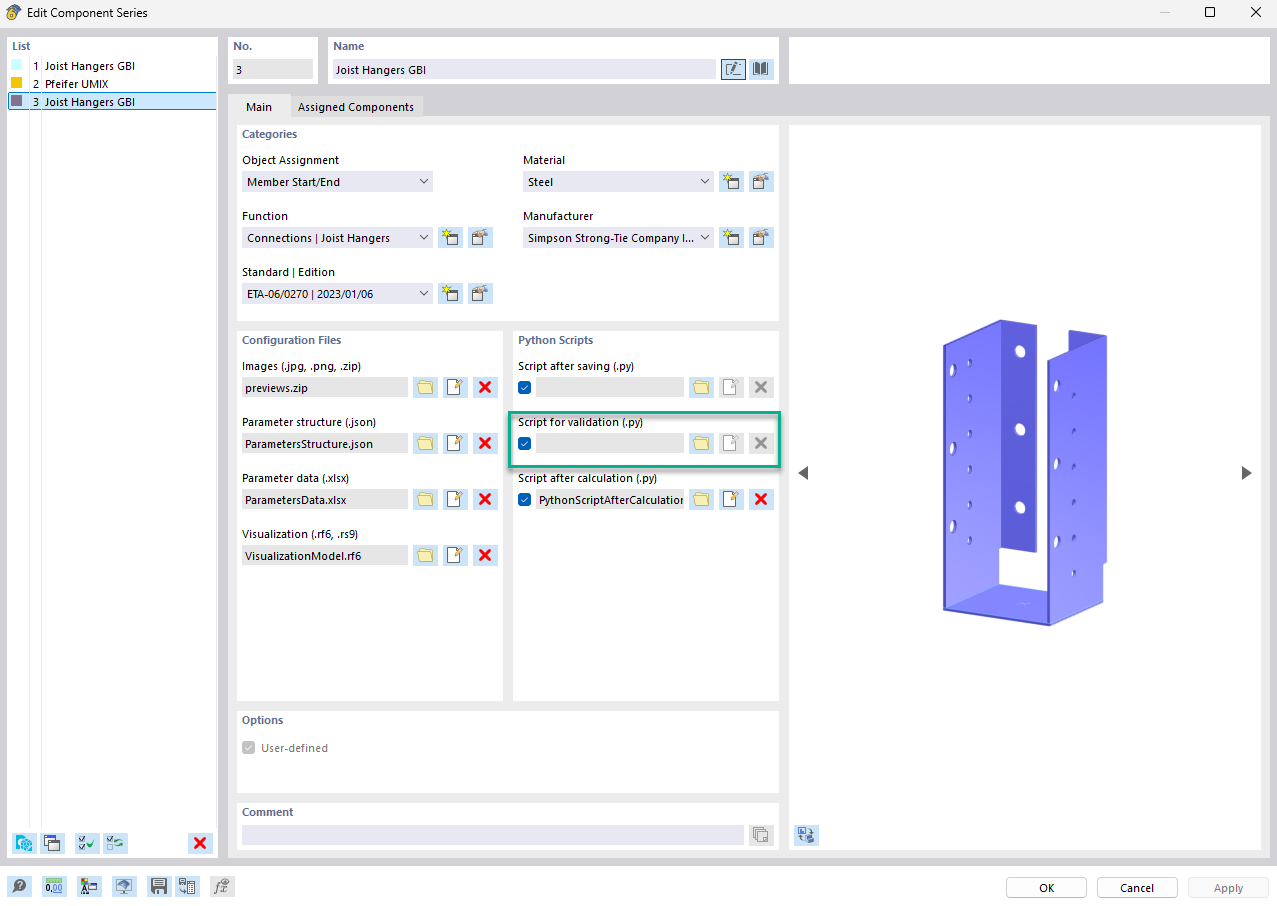 Creating scripts for validation of user-defined component series in the Components add-on.