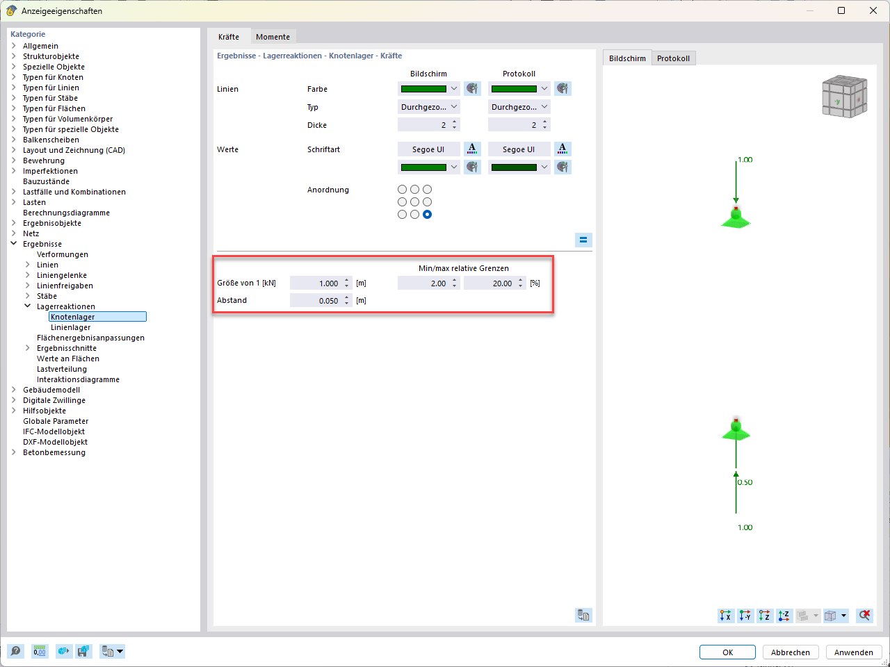 Dialog box for setting the size and spacing of nodal supports in the structural analysis software.