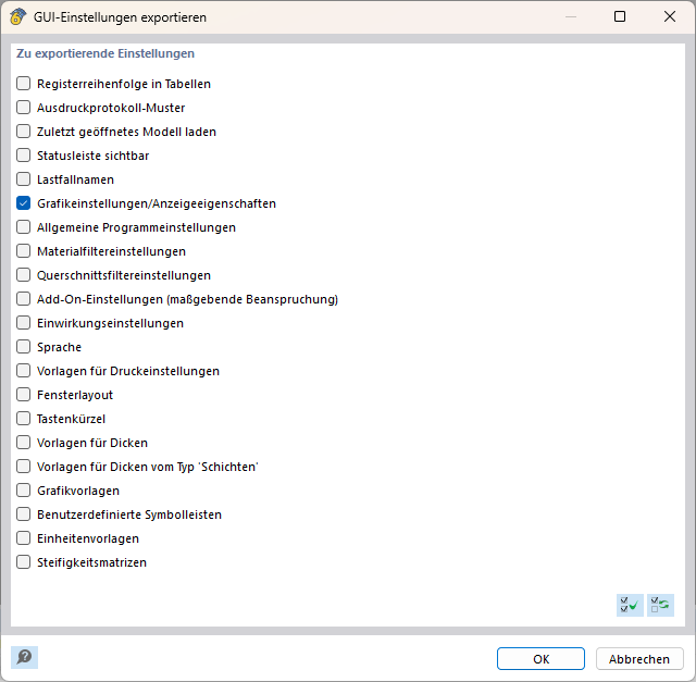 Graphics settings and display properties can be activated in the GUI export dialog box.