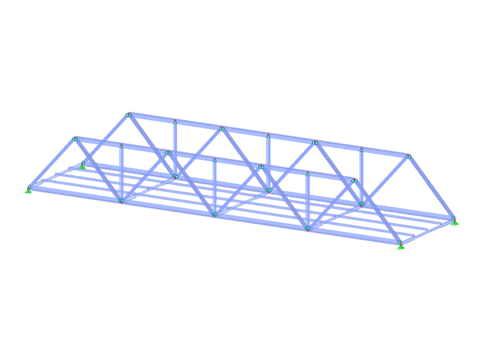 Simple truss bridge with side trusses and members depicted as deck, for structural analysis using RSTAB.