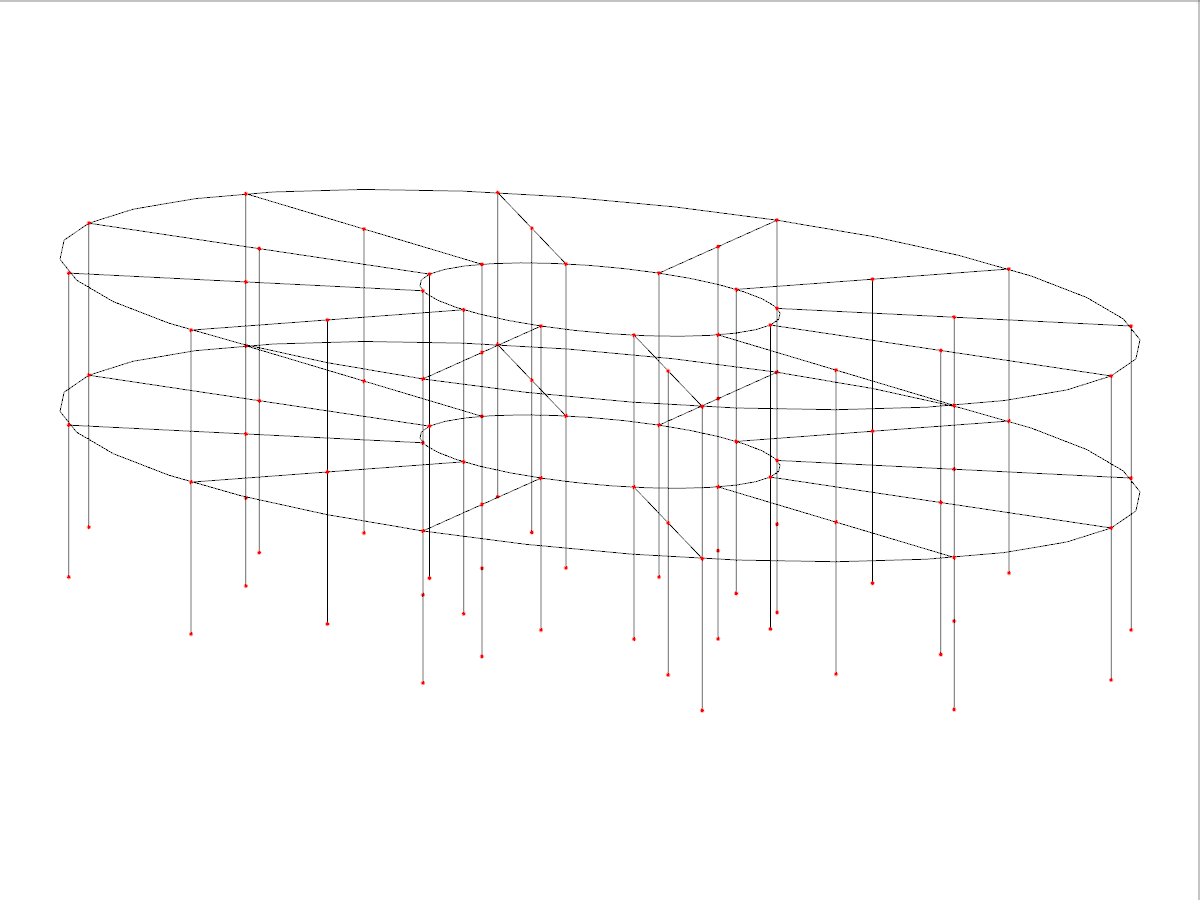 3D grid model showcasing an elliptical structure with variable side numbers and floor levels.