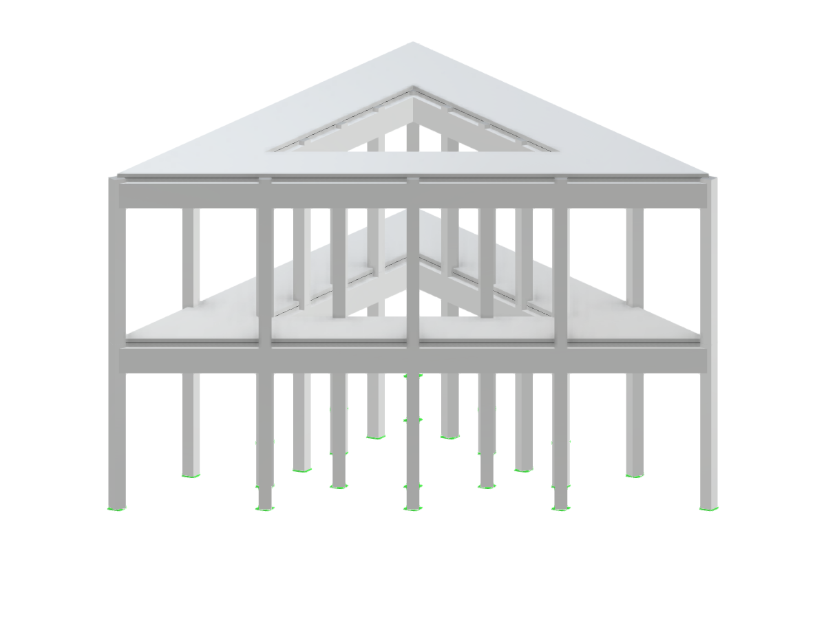 A polygonal building model showing variable architecture with diverse sides, floors, and rows, used for structural analysis insights.