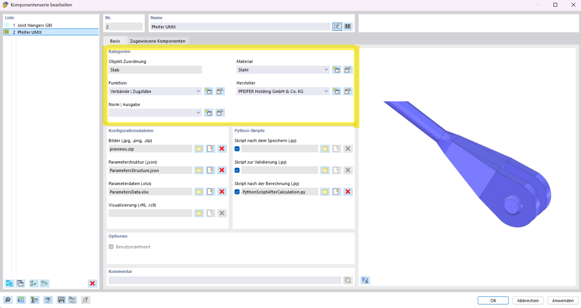 The Component Series Settings tab shows categories under the main menu of a structural engineering program.