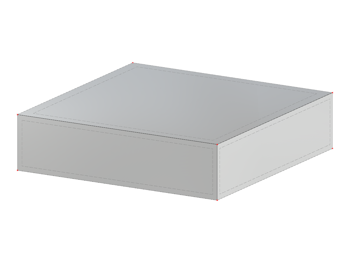 Diagram showing a symmetric rectangular foundation layout with dimensions and structural details.
