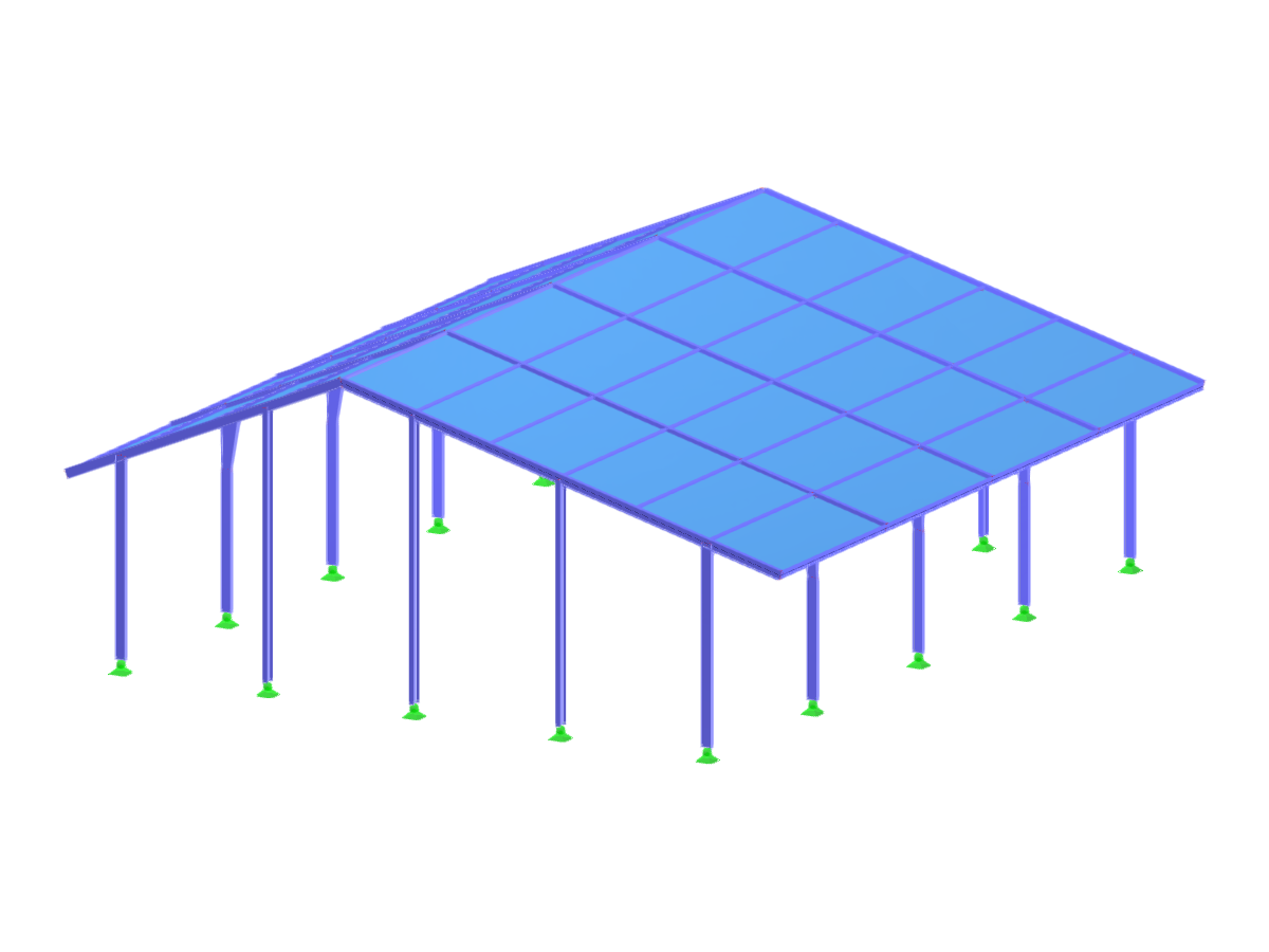 A detailed view of a non-symmetric gable roof hall showcasing a complex roof structure with distinct geometric lines.