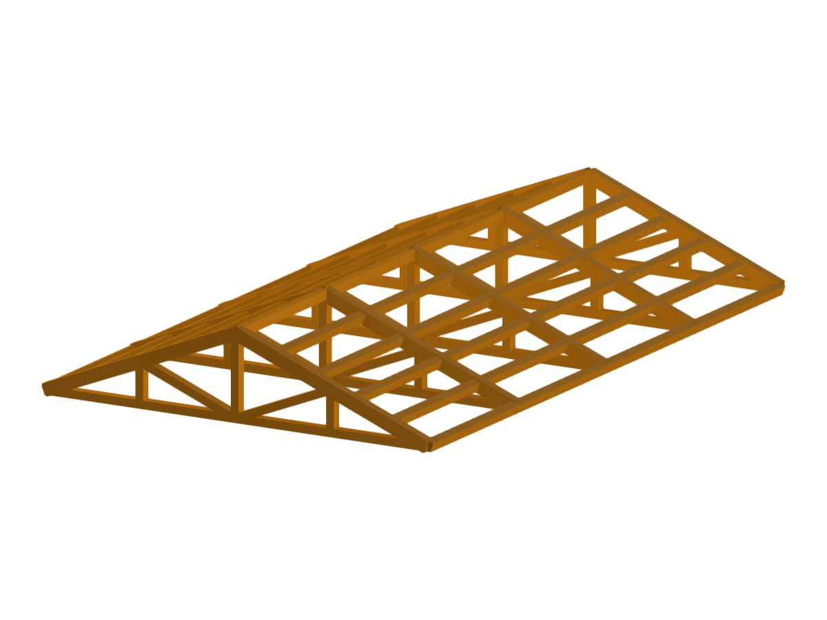 Detailed view of a roof structure for a prefabricated wooden building, highlighting technical joints and connections.