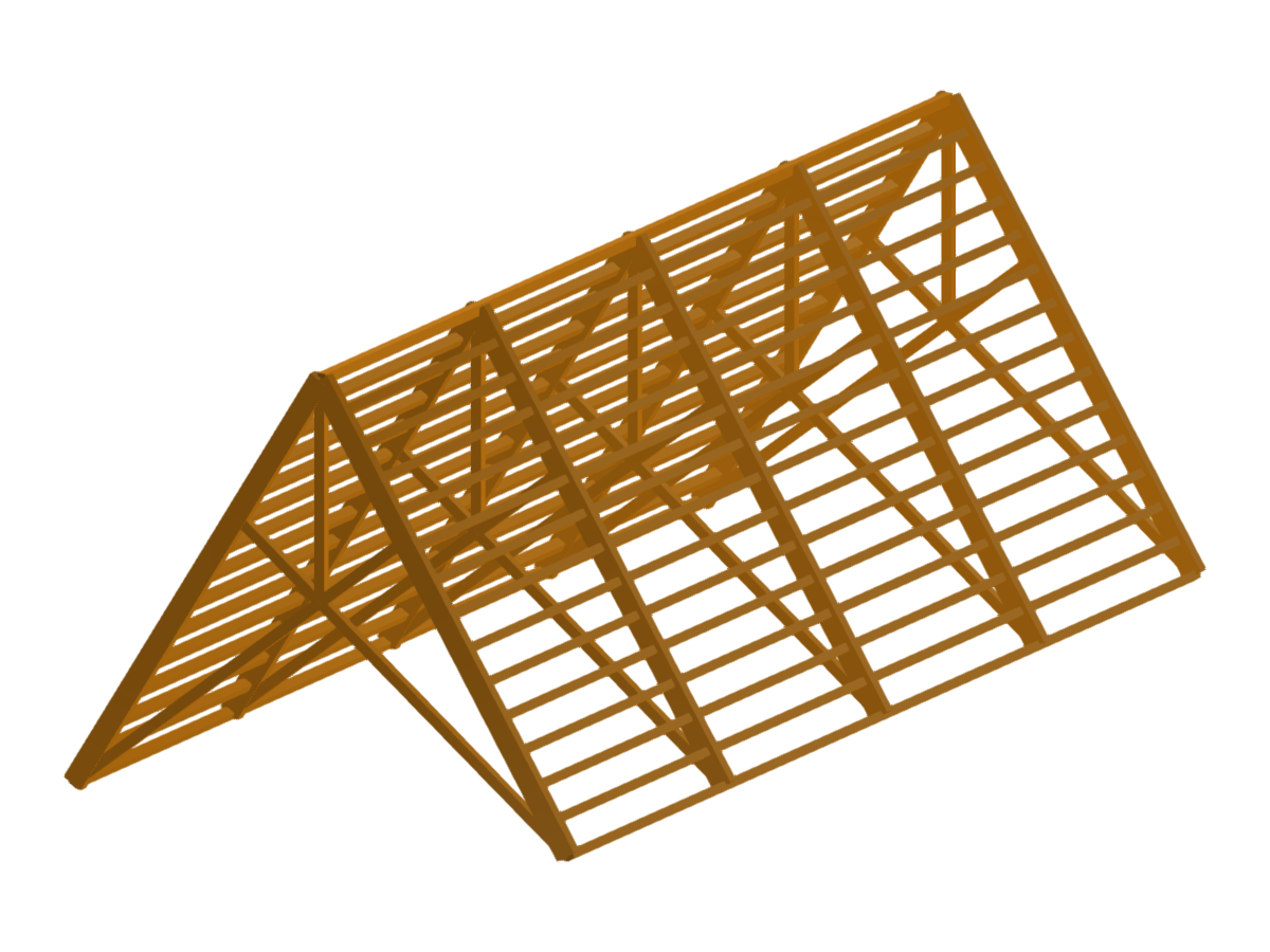 Detailed view of a prefabricated wooden roof structure showcasing connections and joint designs.