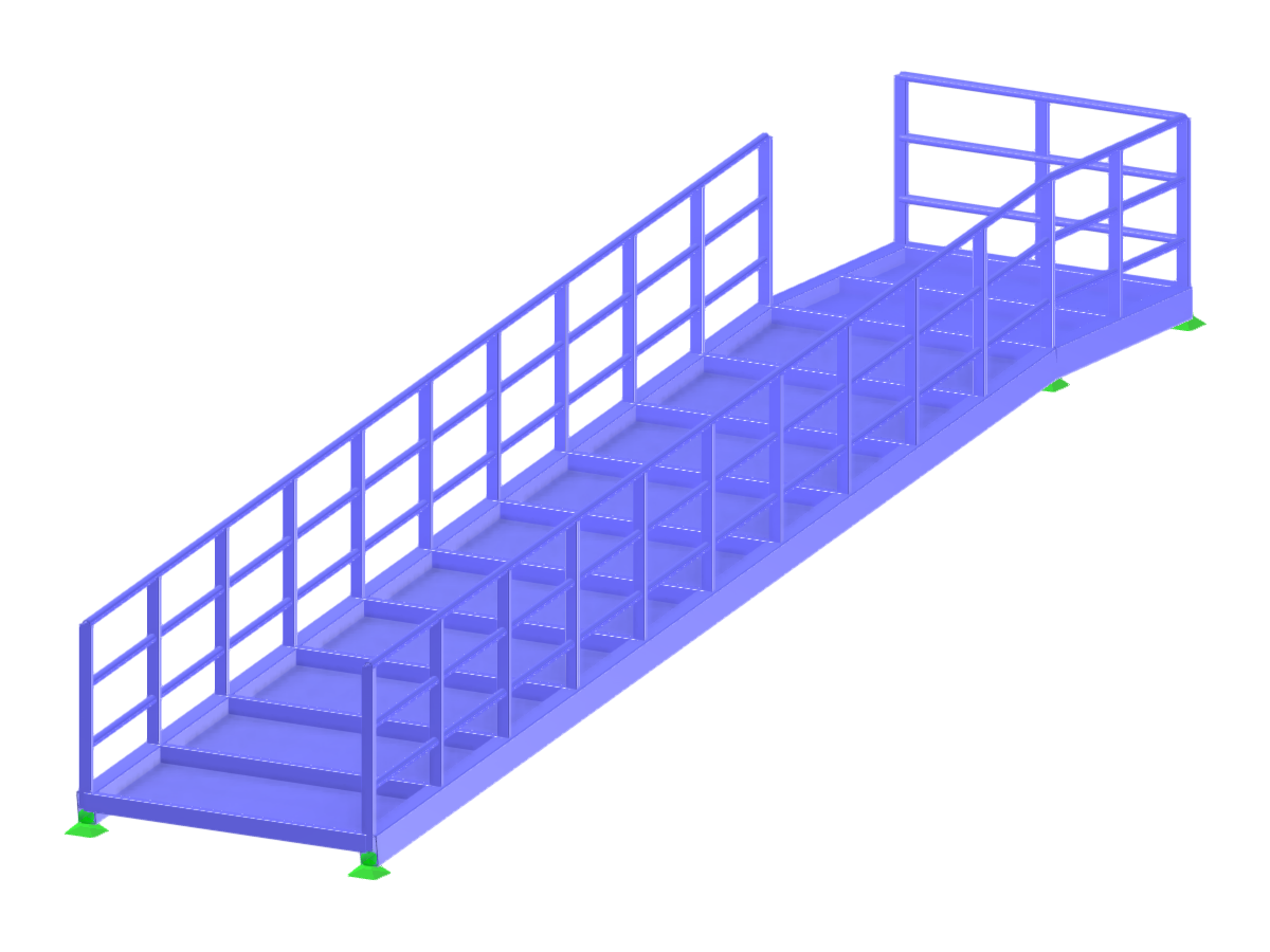Structural analysis model of a steel ramp with an upward-left turn, showcasing its detailed framework.