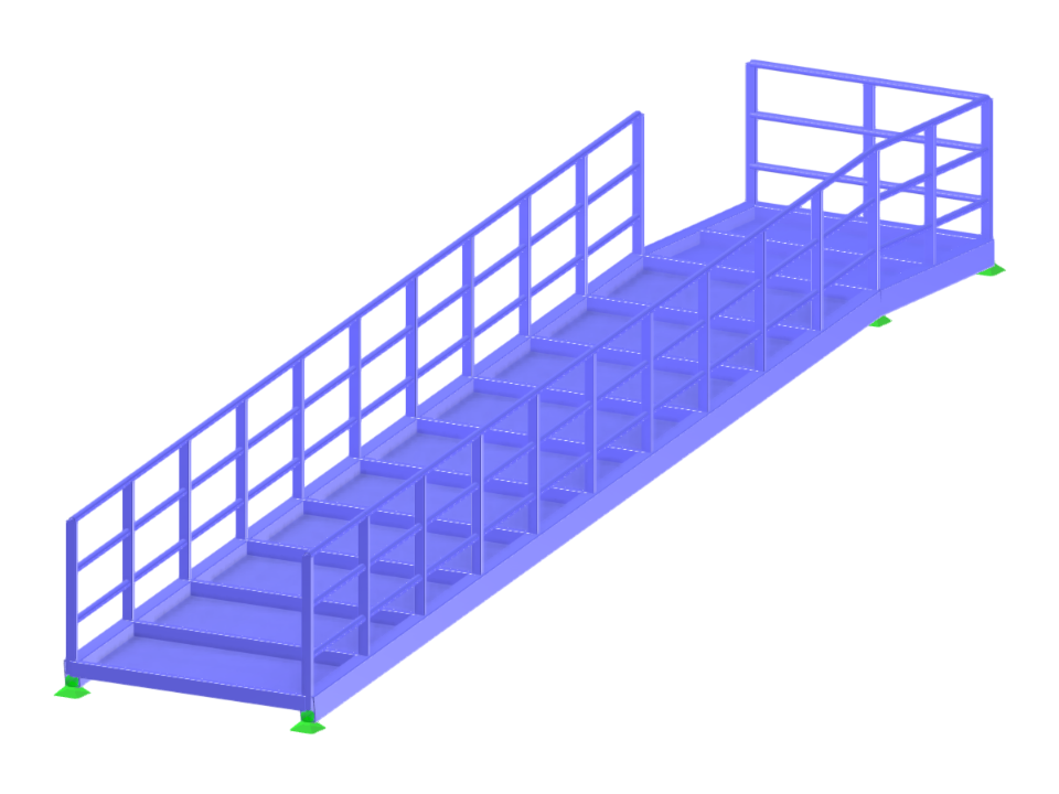 Structural analysis model of a steel ramp with an upward-left turn, showcasing its detailed framework.