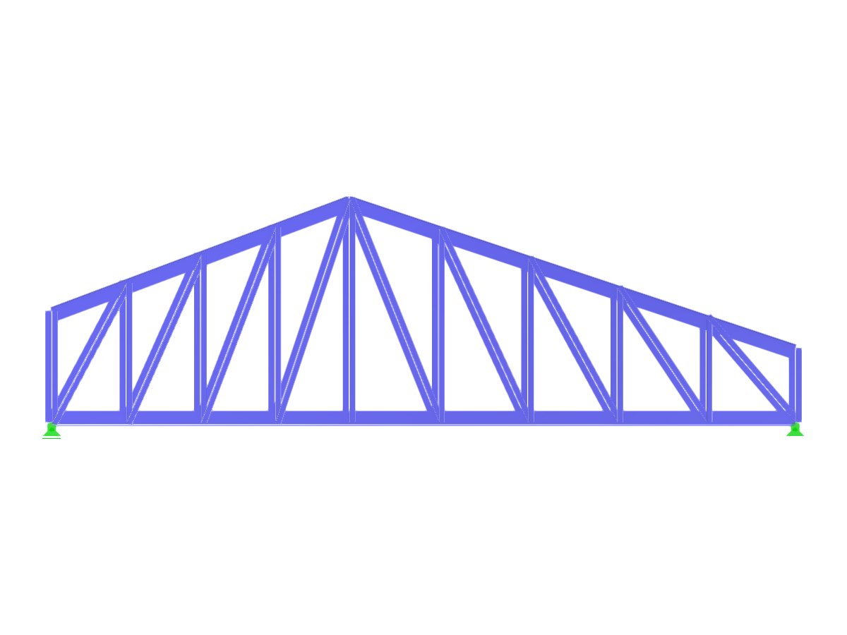 View of an asymmetric duopitch 2D truss with distinct non-symmetric features.