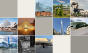 A collage featuring buildings designed by architects who have won the Pritzker Prize. The inspiration and diversity of modern architecture are displayed.