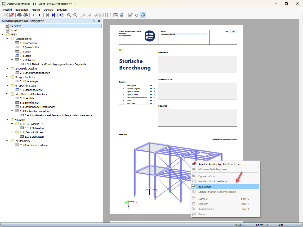 Cover page of a printout report; the “Edit” option selected from the shortcut menu.