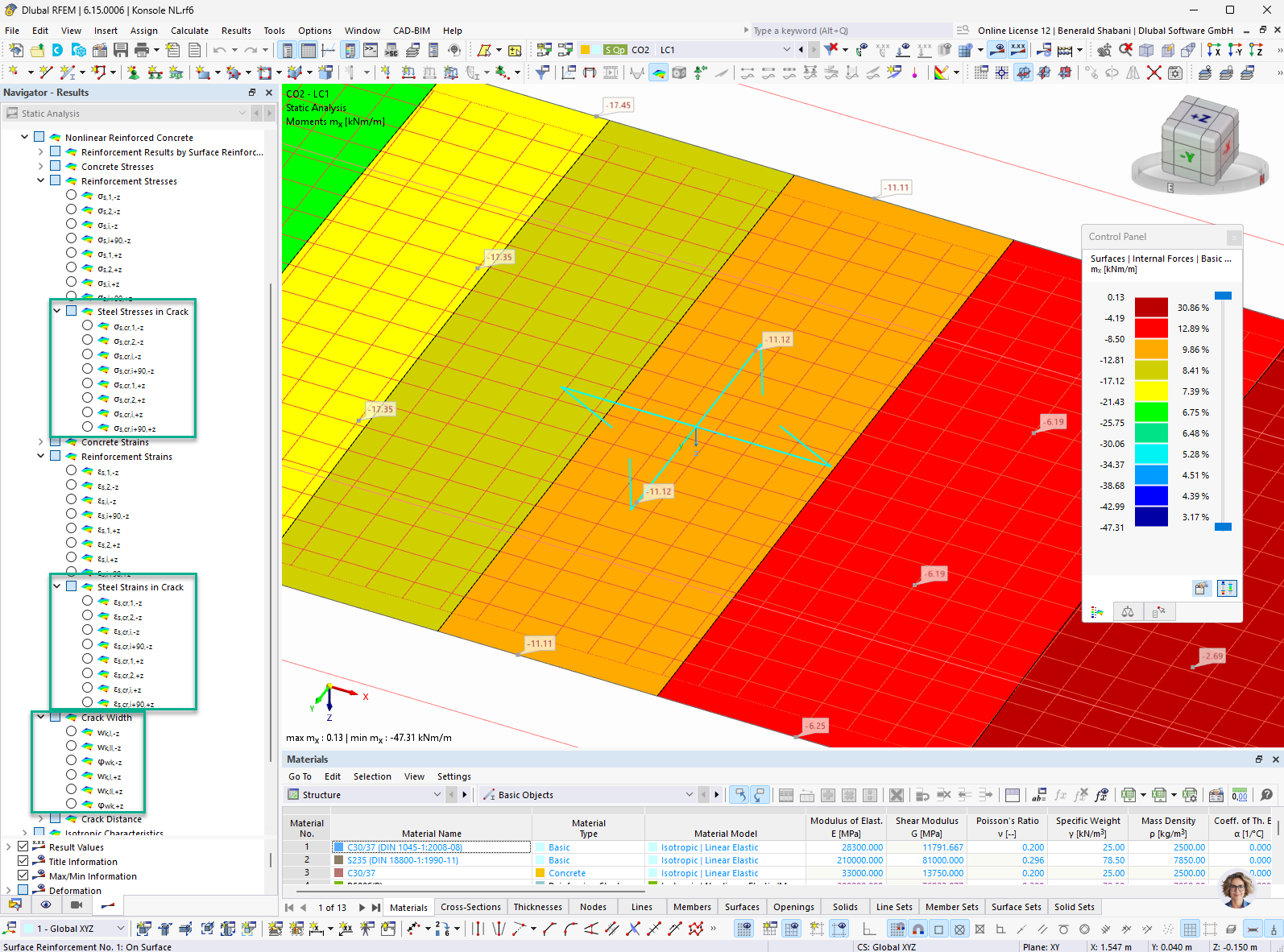 Results of the nonlinear reinforced concrete analysis, with a focus on crack width and crack spacing analysis.