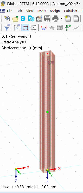 RFEM analysis showing composite column behavior with reinforcement impact on deformation components.