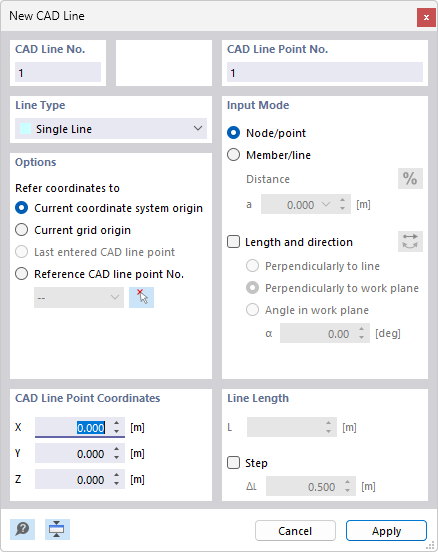 Dialog box 'New CAD line'