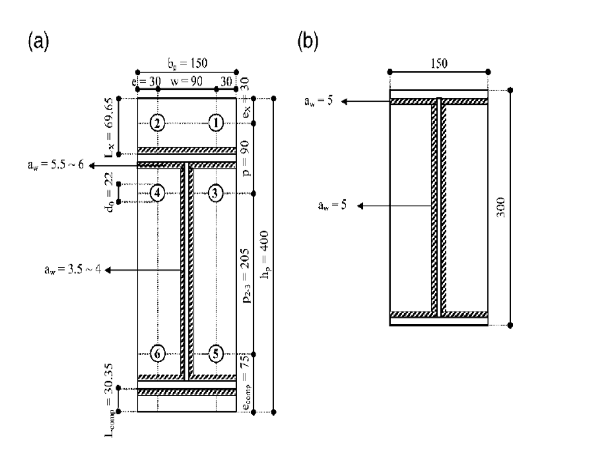 Technical drawing of an extended endplate connection showing bolt arrangement and stiffener configuration for steel joint analysis.
