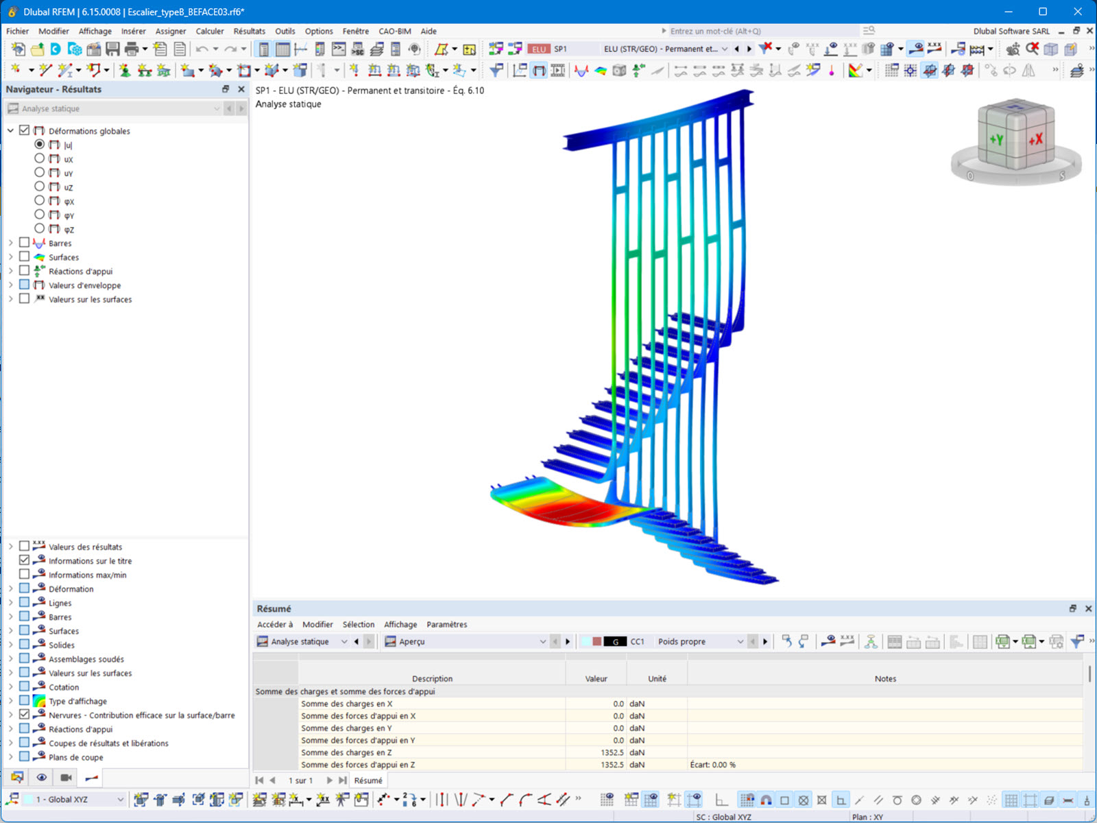 Staircase model B in RFEM with load case and deformations
