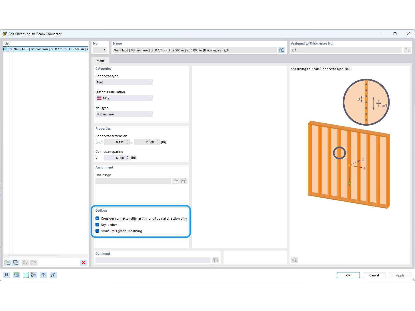 Edit dialog of a sheathing-to-beam nail connector with NDS stiffness calculation, nail dimensions, spacing, and options for timber shear wall design.
