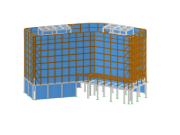 3D structural model of a 7-story building constructed using a hybrid method, featuring reinforced concrete and cast-in-place concrete columns, composite steel-concrete floors, and shear walls on the ground floor