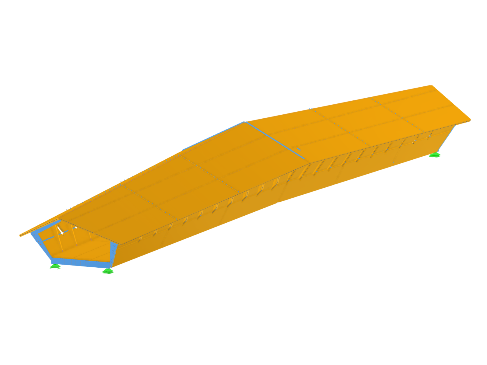 3D analysis model of a timber bridge for cyclists and pedestrians with orthotropic surface elements, transverse ribs, and support definitions in RFEM.