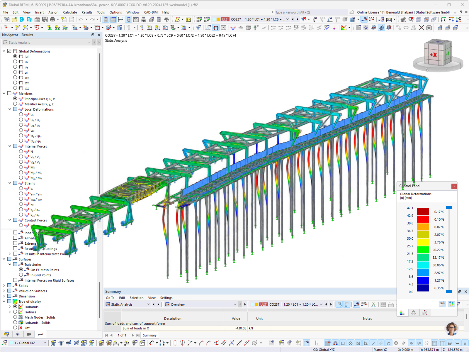 RFEM model of the steel craneway with global deformations displayed in color