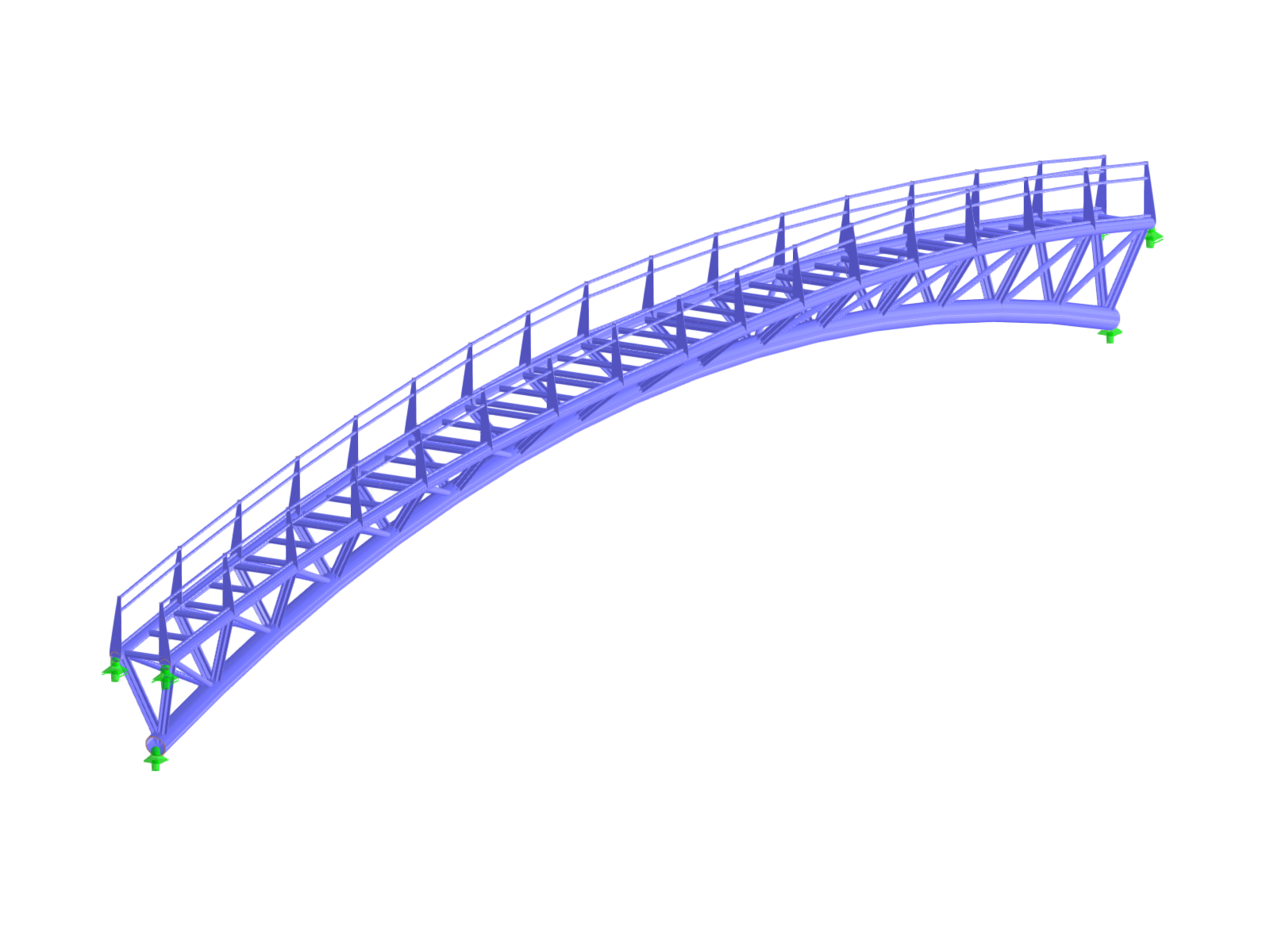 3D RFEM model of a curved steel pedestrian bridge in Italy with truss girders and railings