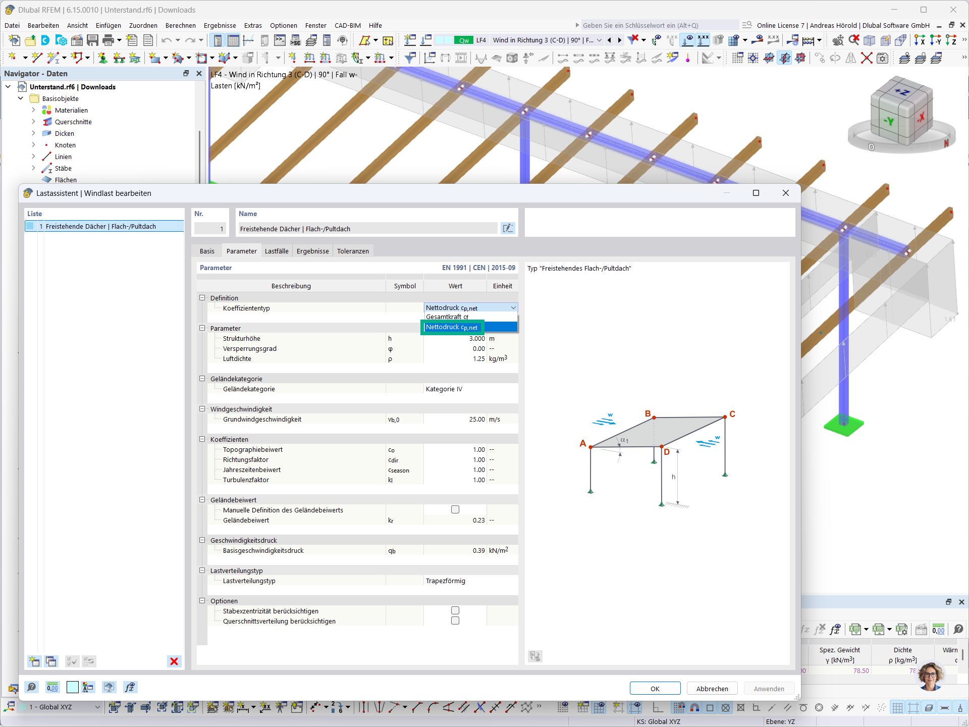 Load Wizard in RFEM for defining wind loads on flat and monopitch canopy roofs according to EN 1991 with net pressure coefficients and parameters, such as structural height and basic wind speed.