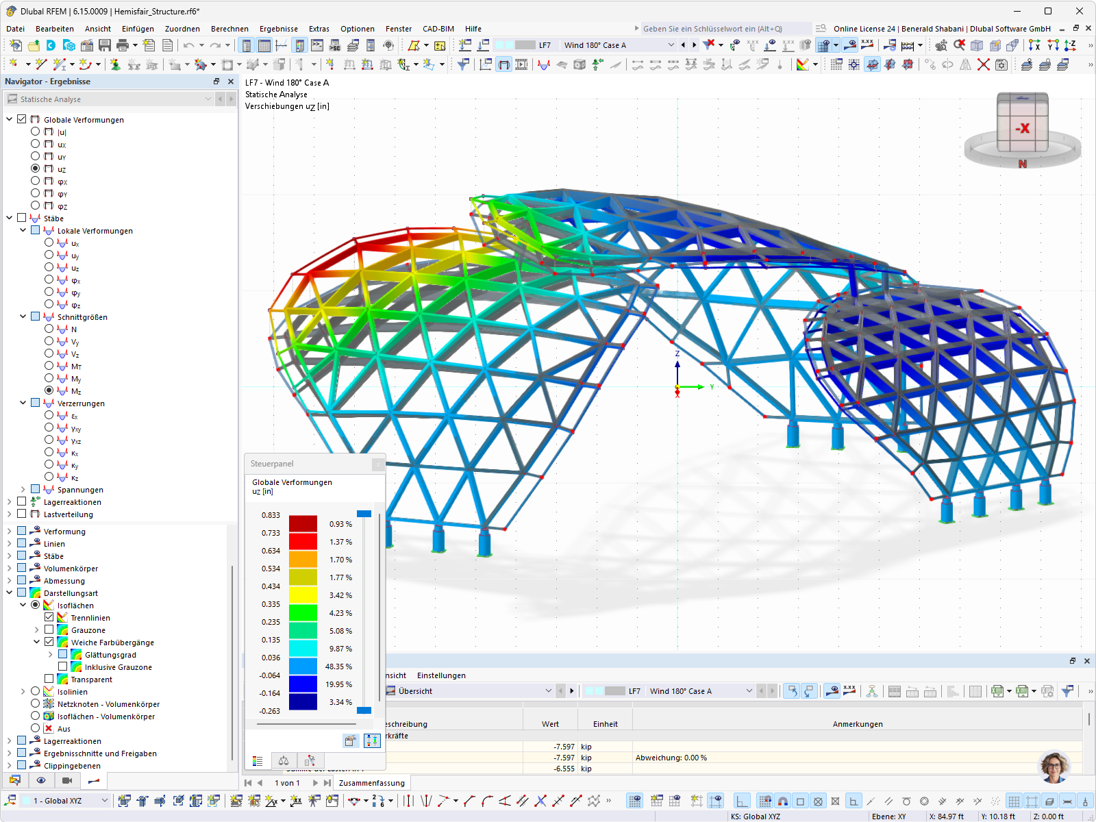 RFEM result display showing the deformations of the steel roofing structure of “The Monarch San Antonio” under a wind load.